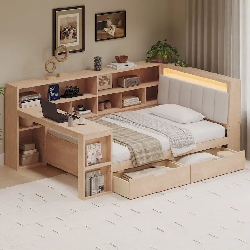 Ivery Furniture L-Shaped Wooden Twin/Full Daybed With Desk, Bookcase, Drawers And RGB Light - Natural/White