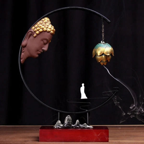 Buddha Large Incense Holder With Hanging Metal Lotus - 11.8 in x 15.6 in x 3.2 in