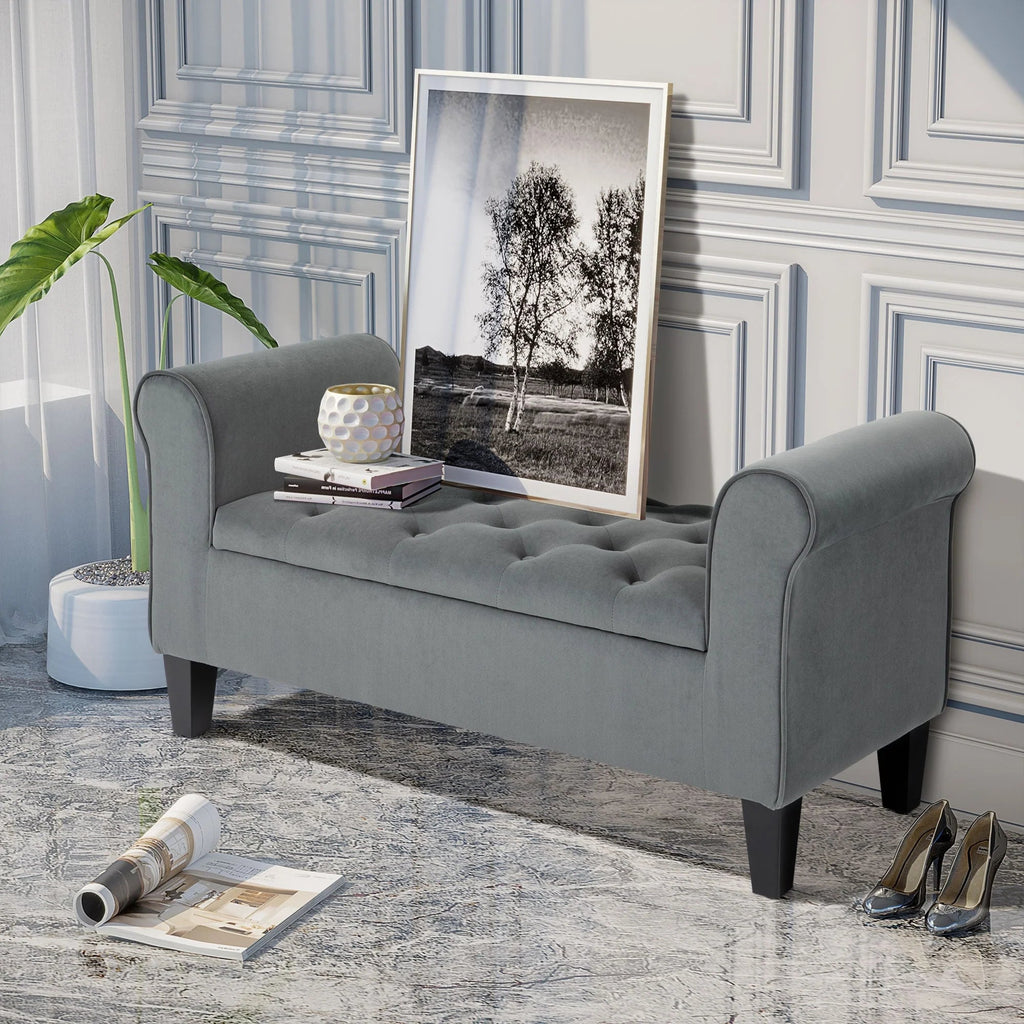 Button-Tufted Storage Ottoman Bench, Polyester and Rubberwood, 53.25in W x 17.75in D x 25.5in H
