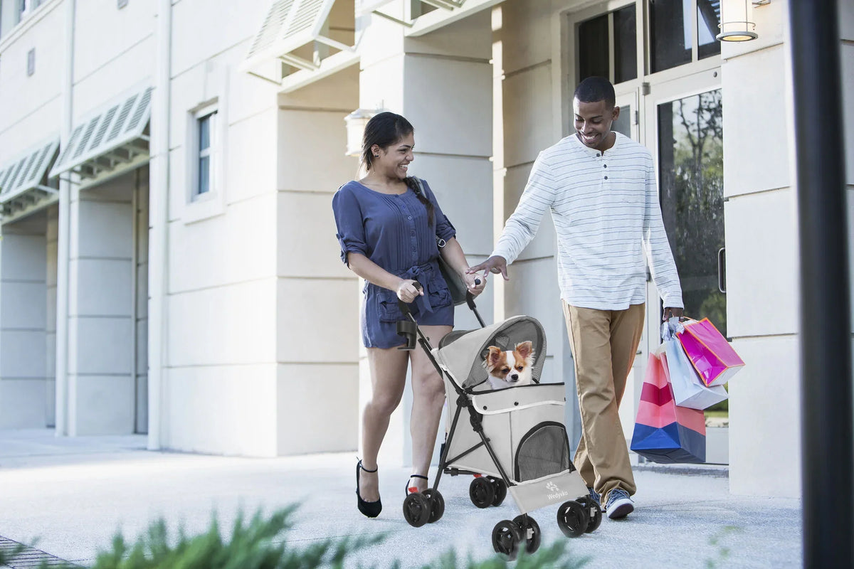 4-Wheel Foldable Cat And Dog Stroller With Storage Basket And 360 Degree Front Wheels - Gray