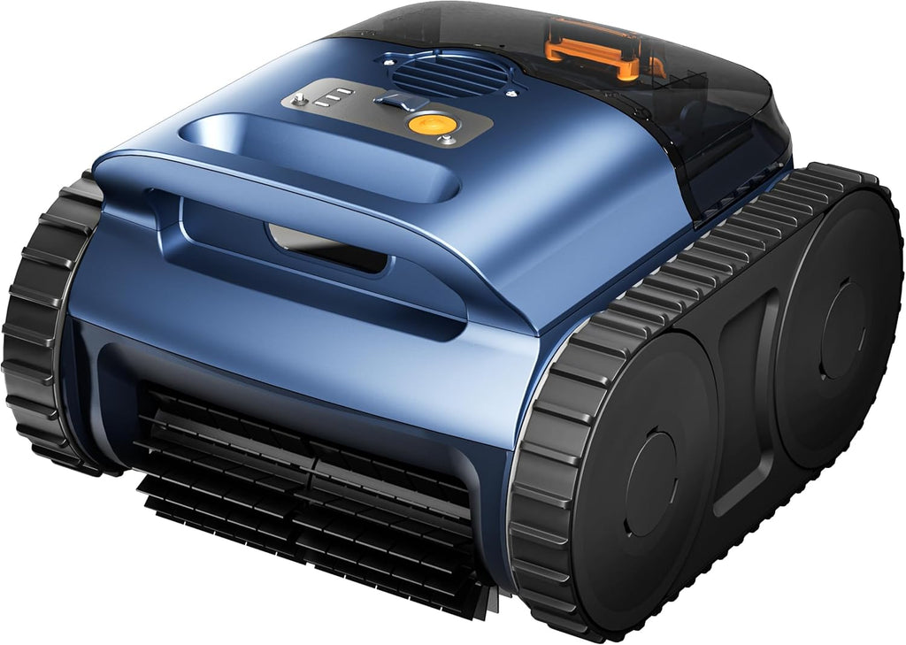 Cordless Robotic Pool Vacuum Cleaner With Track Drive, Sonar Navigation, 180W Brushless Motor, 150-Min Runtime, Dark Blue