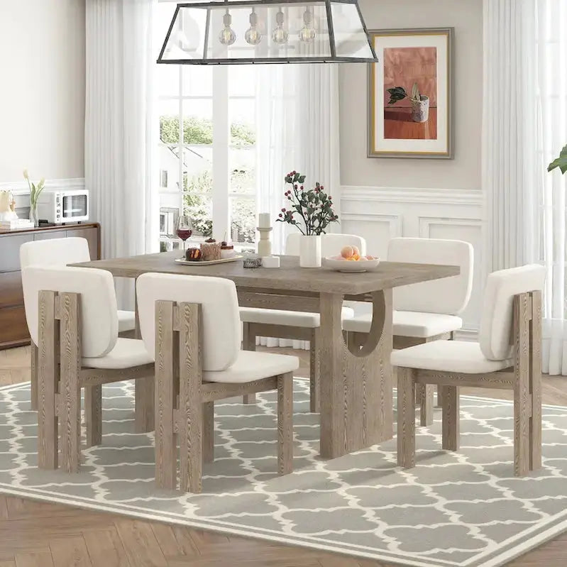 7-Piece Dining Set With Rectangular Trestle Table And 6 Upholstered Chairs