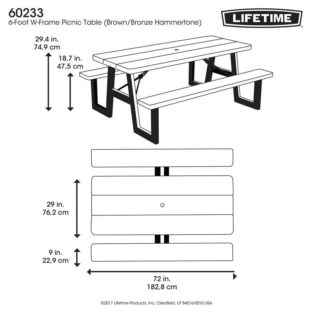 Lifetime 6-Foot W-Frame Folding Picnic Table, Brown - 60233