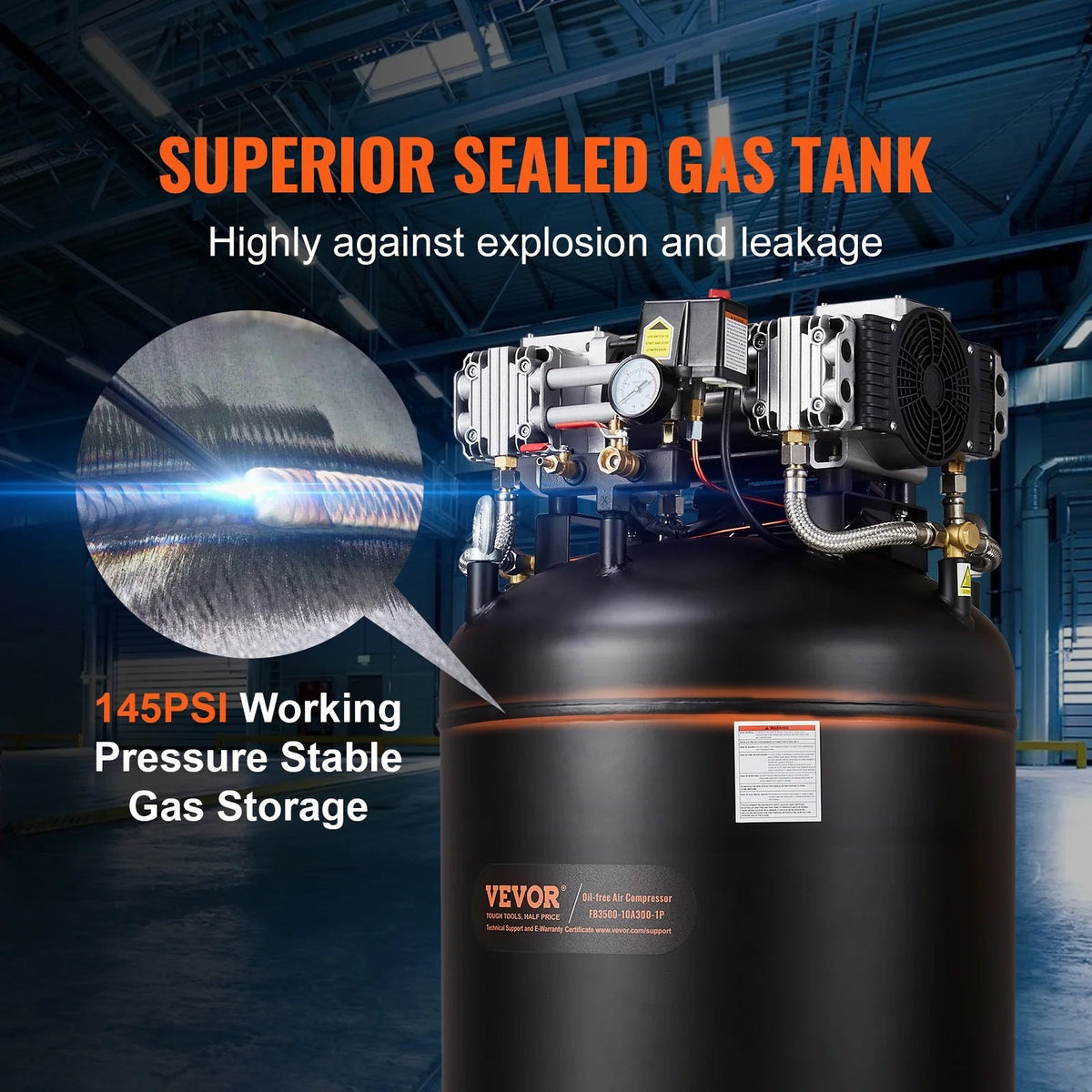 VEVOR 80 Gallon Oil-Free Air Compressor, 6.5 HP, 15.5 SCFM at 90 PSI, 145 PSI - FB3500-10A300-1P