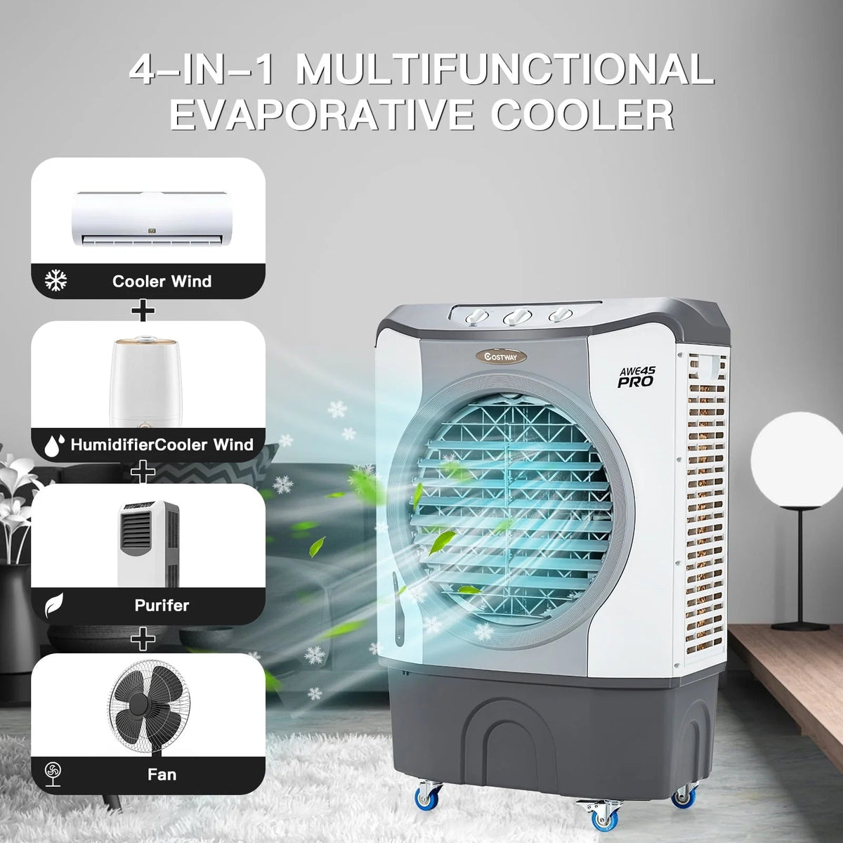45L 3-in-1 Evaporative Air Cooler, Gray - 26.5 x 16 x 40 inch