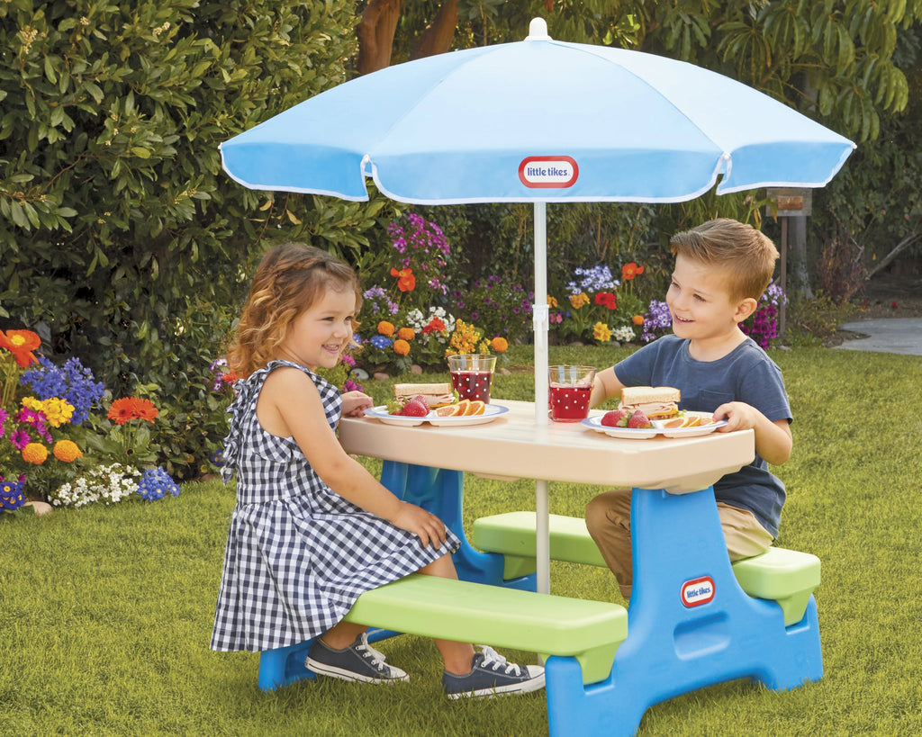 Little Tikes Easy Store Kids Picnic Table With Umbrella, 42.00 in L x 38.00 in W x 19.75 in H, Ages 2+
