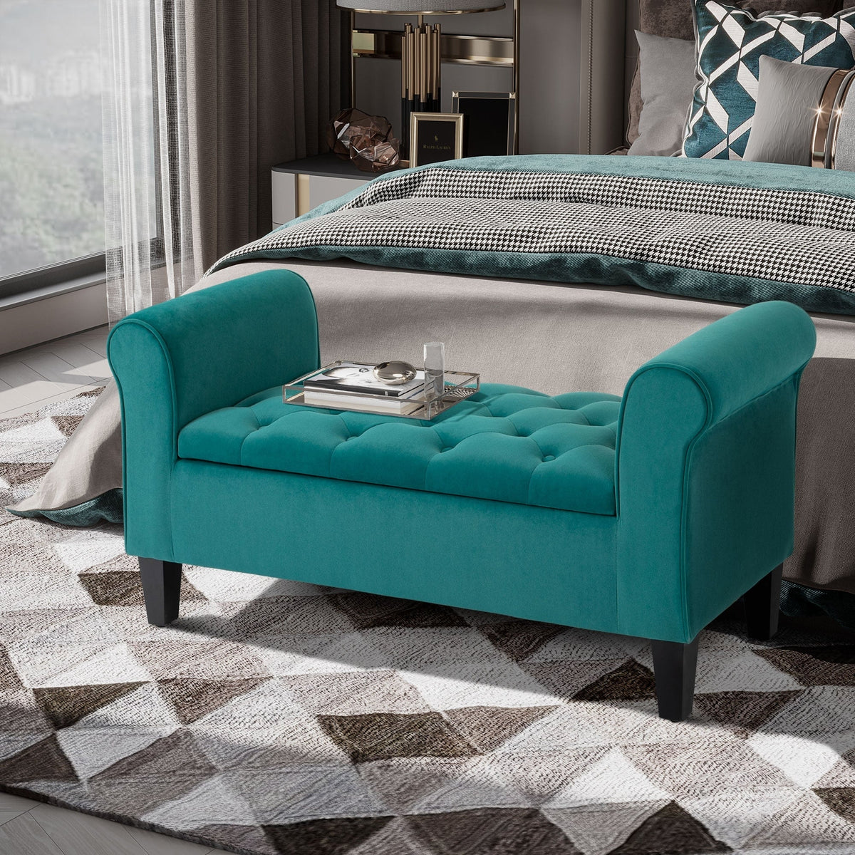 Button-Tufted Storage Ottoman Bench, Polyester and Rubberwood, 53.25in W x 17.75in D x 25.5in H