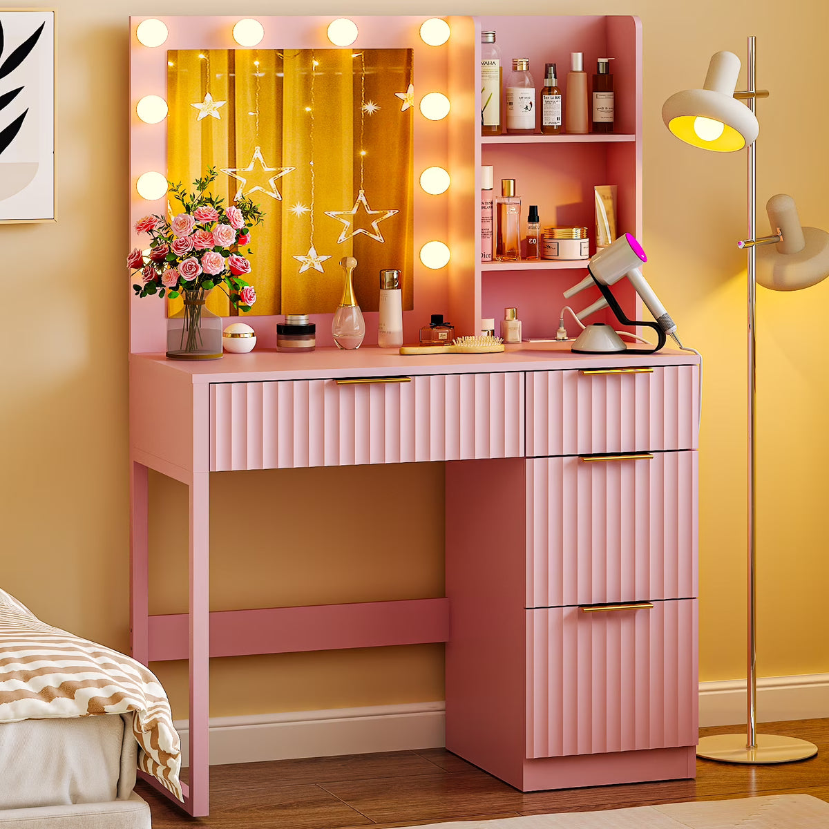 Ktaxon Vanity Makeup Table With Stool, 3-Color Lighted Mirror, 3 Shelves, Drawers, White - 35.43 x 15.55 x 29.53-53.27 in