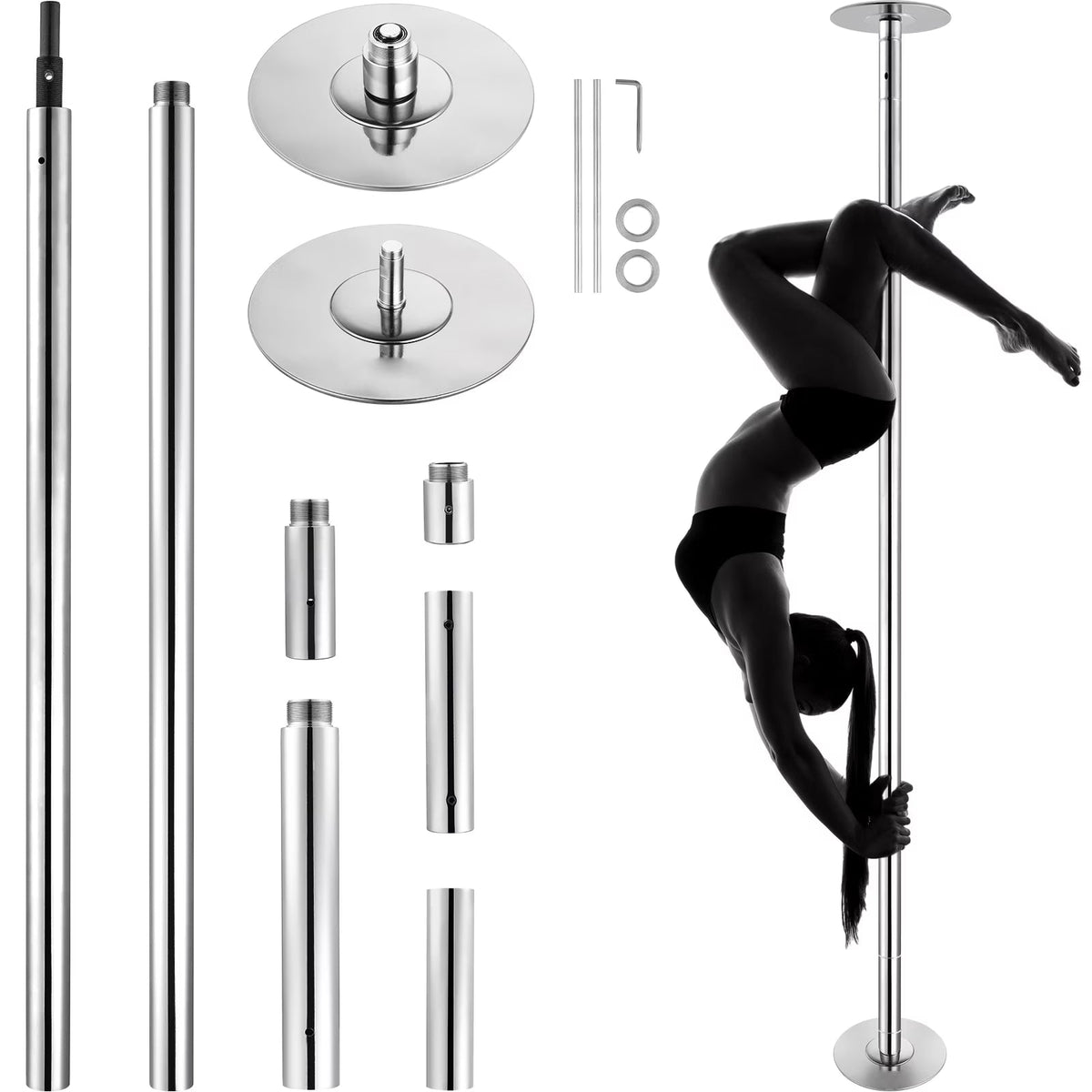 KFFKFF Dance Pole Set, 45mm Stainless Steel, Silver - HM-590S