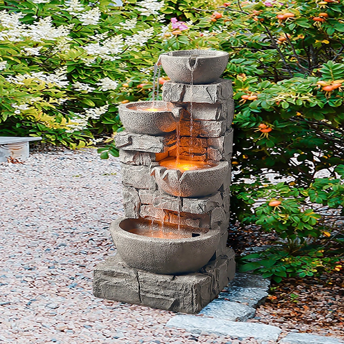 Teamson Home Outdoor Stacked Stone Tiered Water Fountain With LED Lights, Gray - 33.25in