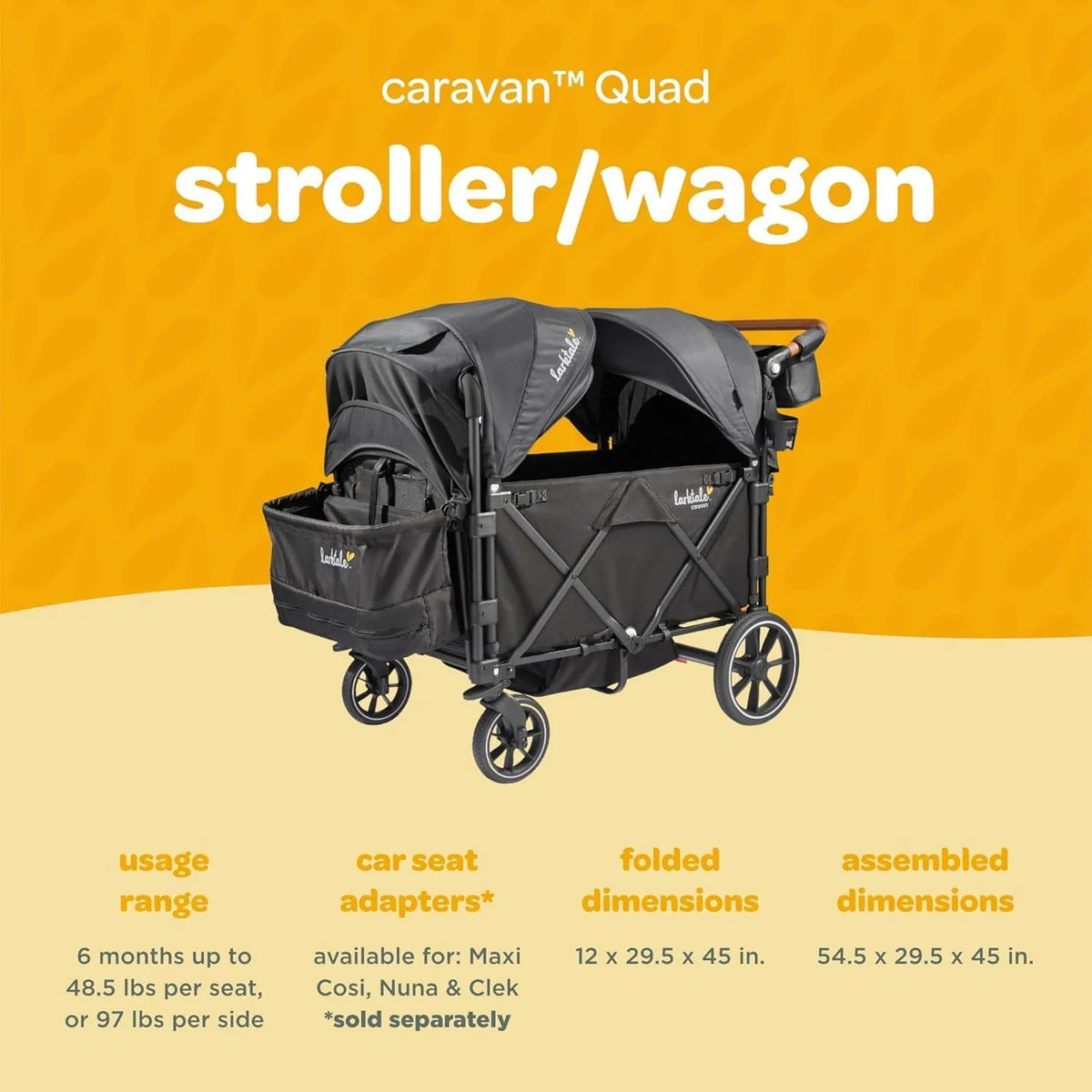Foldable Stroller Wagon for Kids and Babies, 4 Seats, 214 lbs Capacity - Caravan Quad