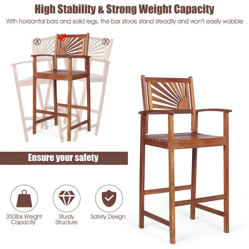 2-Pack Acacia Wood Outdoor Patio Bar Stools, Natural, 29in Seat Height - Sunflower Backrest