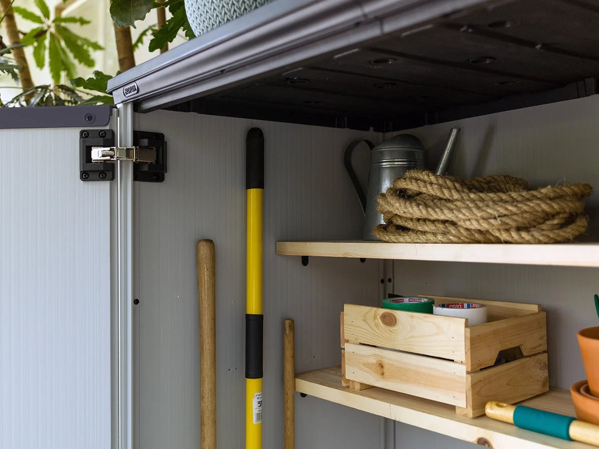 Keter Resin Outdoor Storage Shed With Floor And Locking Double Doors, Grey, 55.1 in L x 29 in W x 67.1 in H - Premier Tall