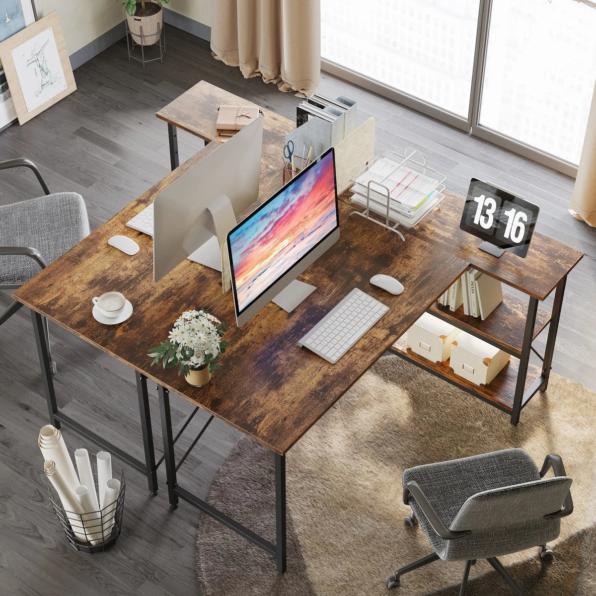 Small L-Shaped Computer Desk With Reversible Storage Shelves - 55-Inch / 47-Inch