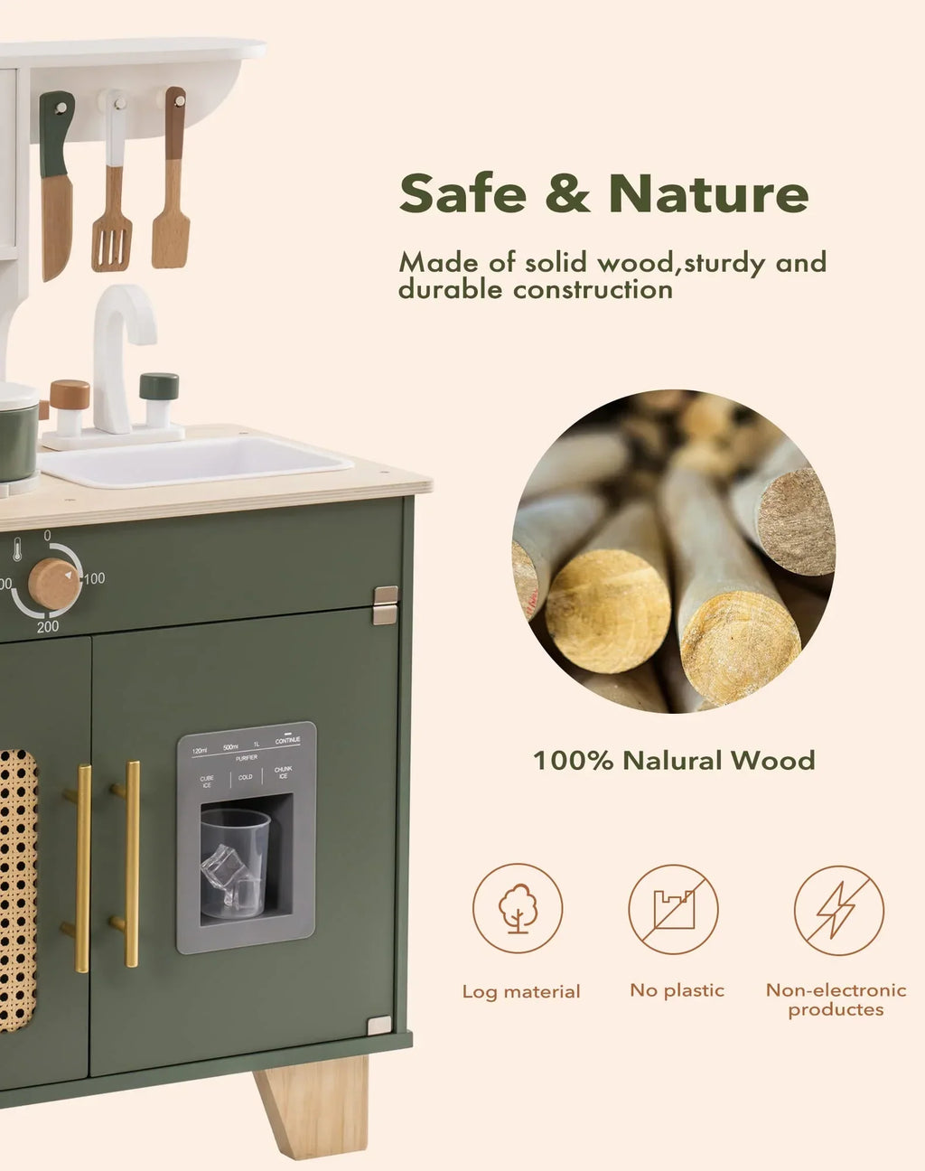 Robud Wooden Kids Kitchen Play Set With Ice Maker, Vintage Green, Ages 3+ - 21.65 x 11.65 x 31.5 in