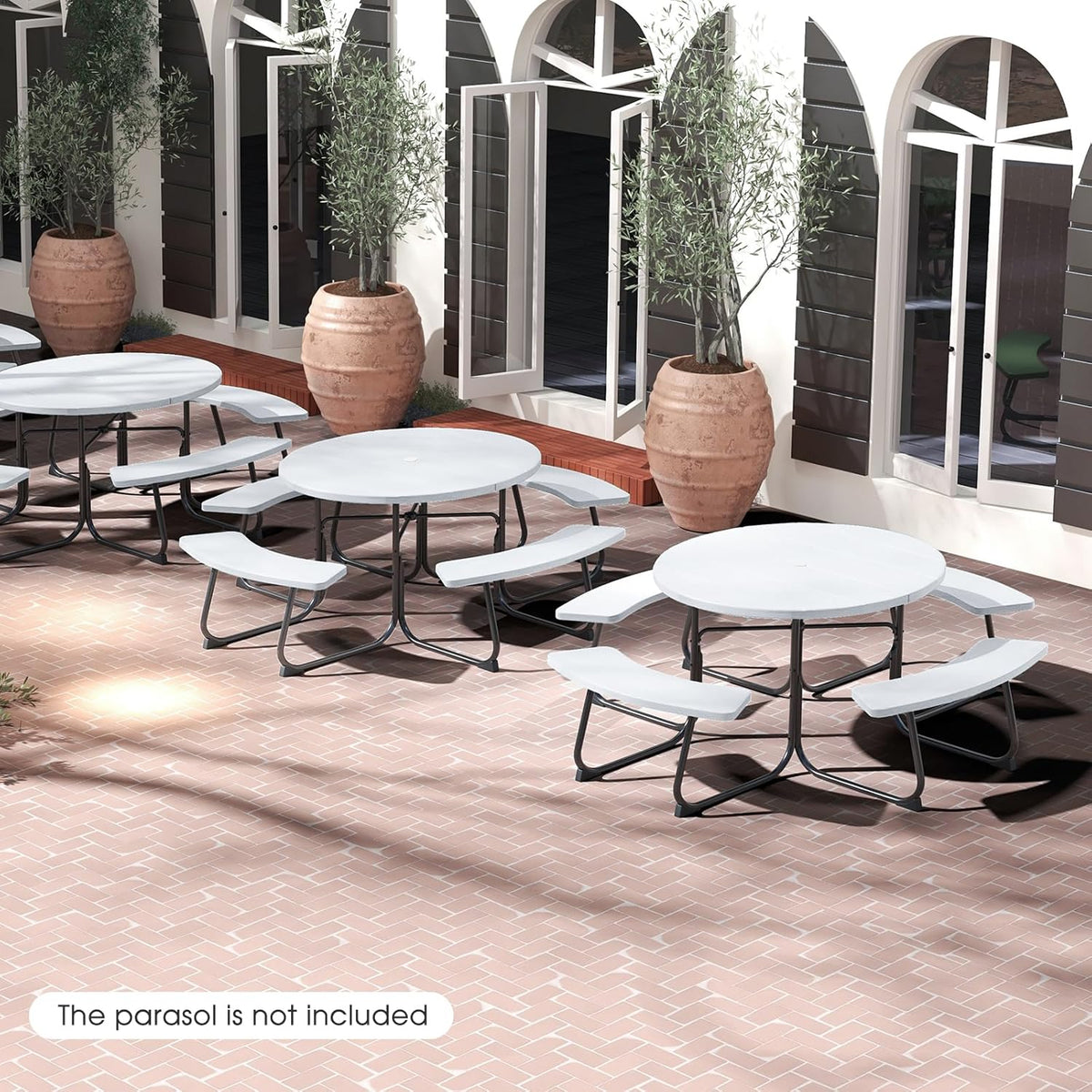 Giantex Round Outdoor Picnic Table And Bench Set, 43in, White, Up To 8 Persons