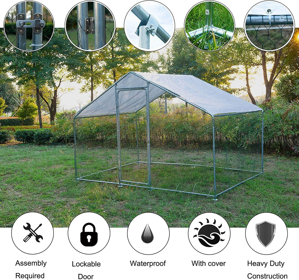 Phonjoroo Metal Chicken Coop With Run Cover, 10 ft L x 6.6 ft W x 6.6 ft H (79.2 in H x 79.2 in W x 120 in D)