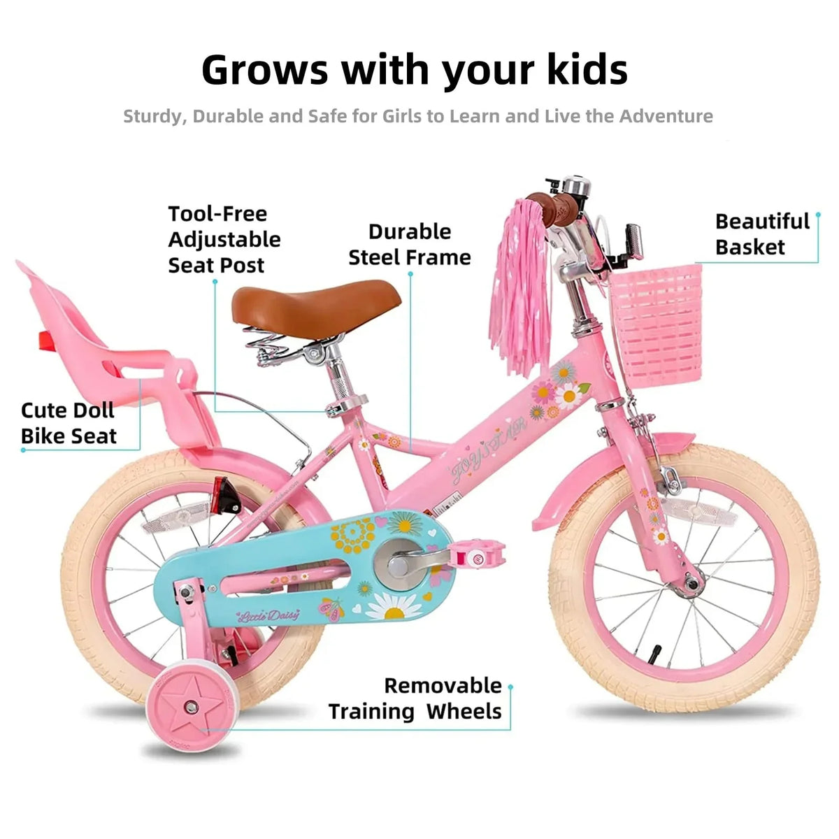 JOYSTAR Little Daisy Girls' Bike, 14 Inch, Pink With Training Wheels