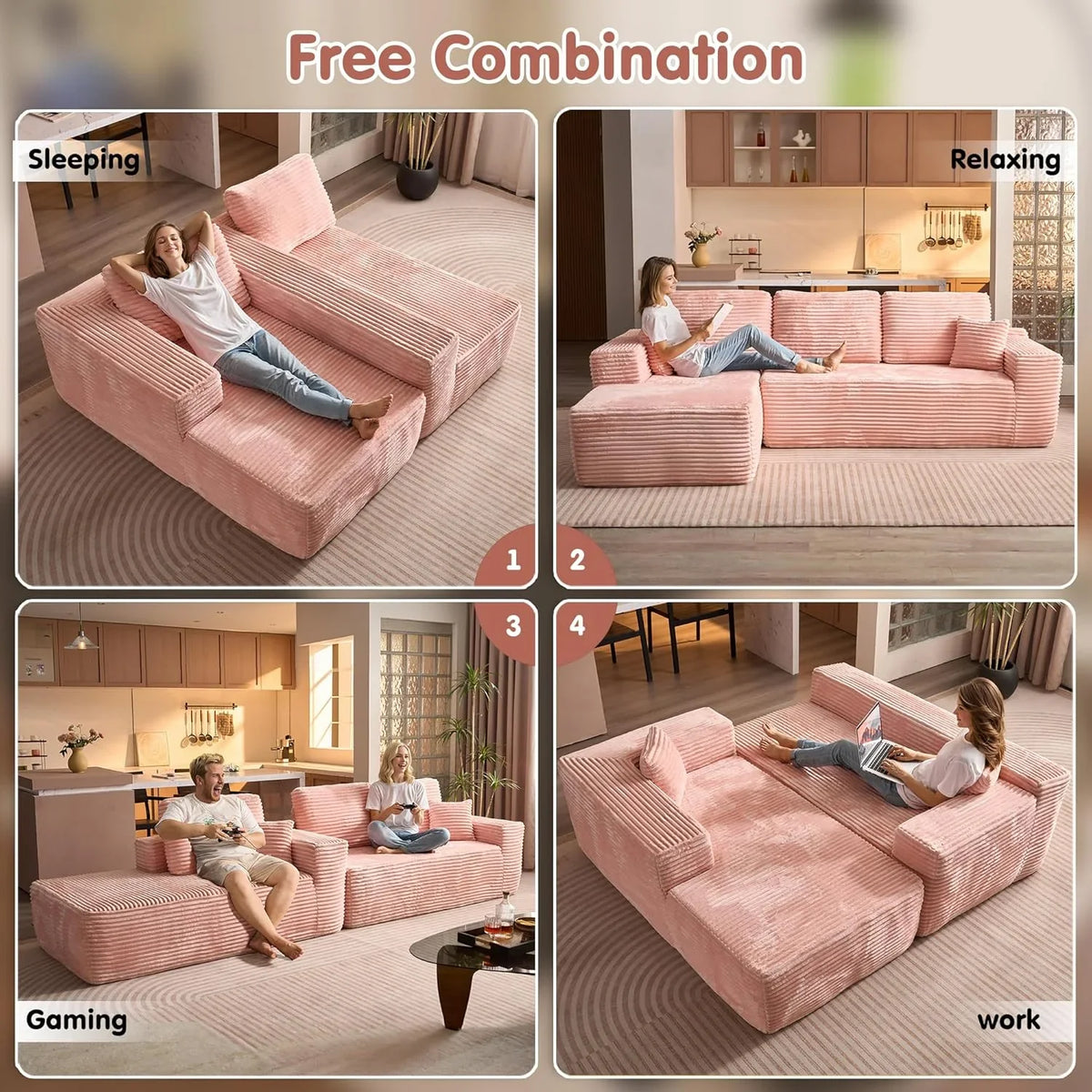 ovios 104in L-Shape Sectional Sofa With Chaise, Grey Plush Corduroy Fabric