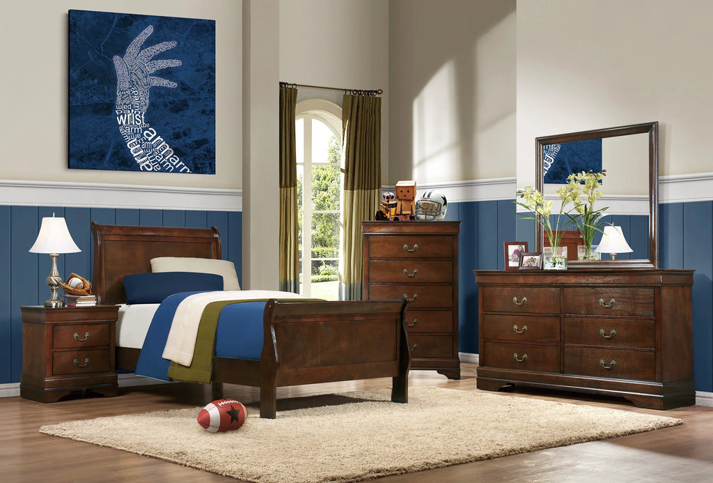 Homiyad Twin Size Sleigh Bed Brown Cherry Finish - Louis Philipe