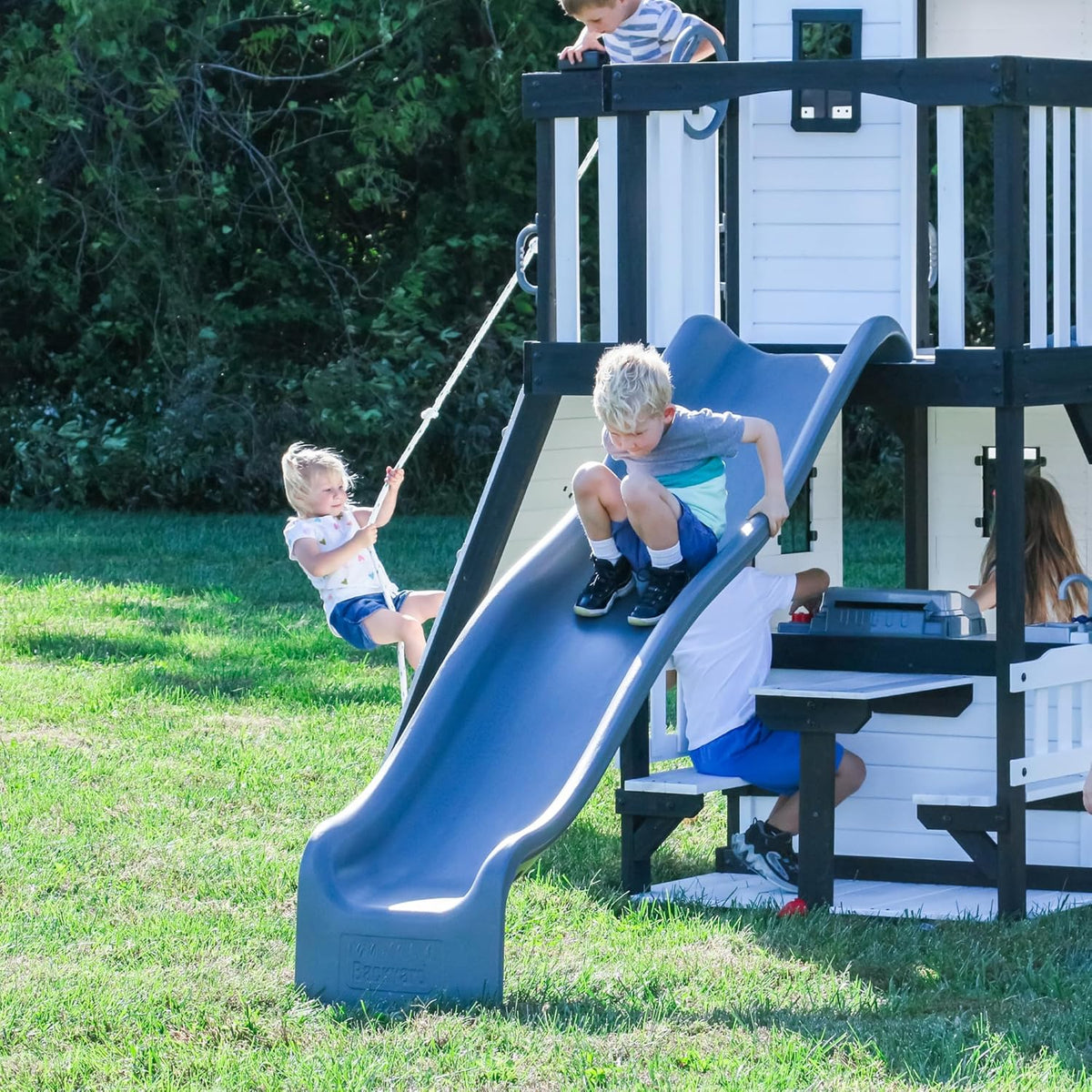 Backyard Discovery Cedar Wood Swing Set With Wave Slide, Clubhouse, Play Kitchen, Belt And Web Swings - Canyon Creek
