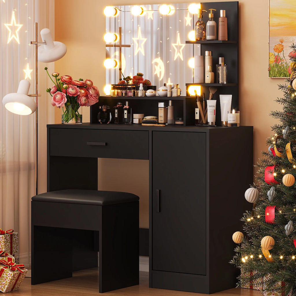 Ktaxon Vanity Makeup Table With Stool, 3-Color Lighted Mirror, 3 Shelves, Drawers, White - 35.43 x 15.55 x 29.53-53.27 in