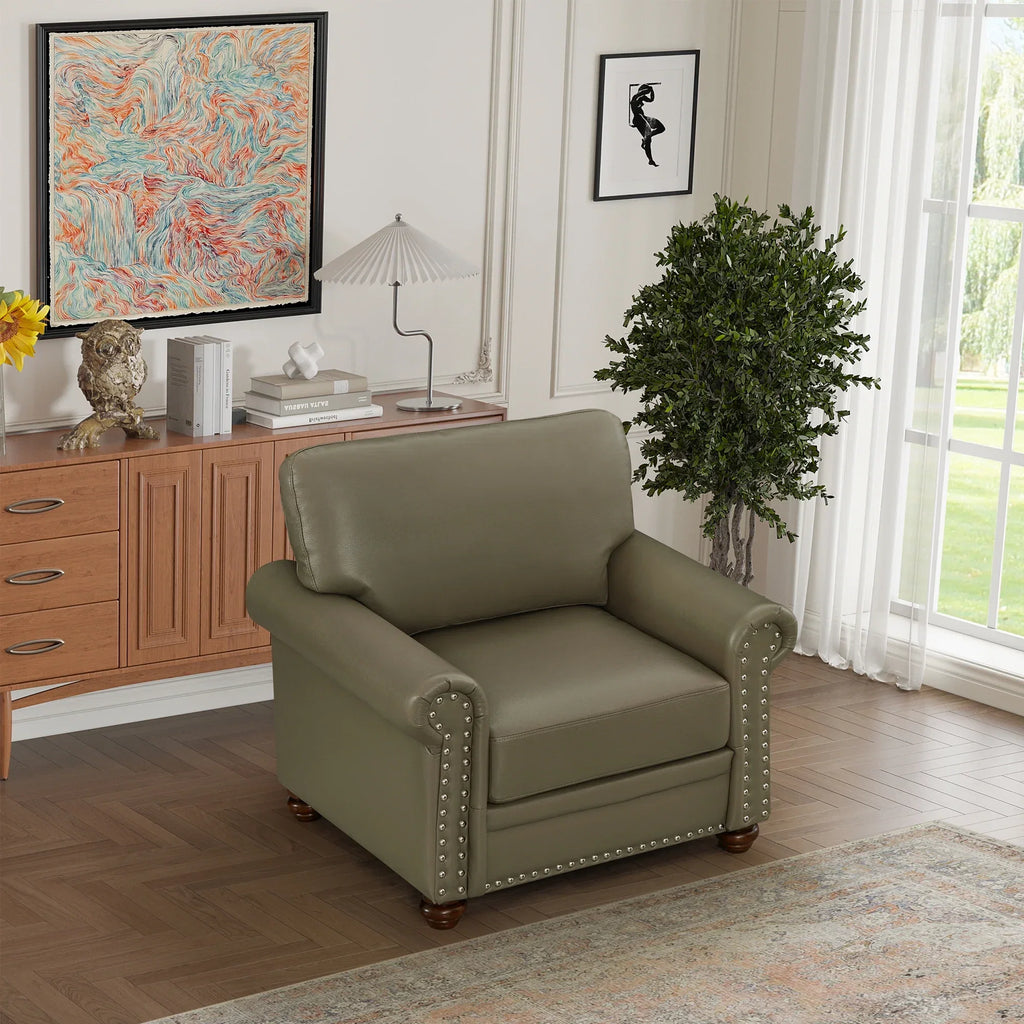 Single Seat Living Room Sofa Chair With Wood Legs, Grey Faux Leather
