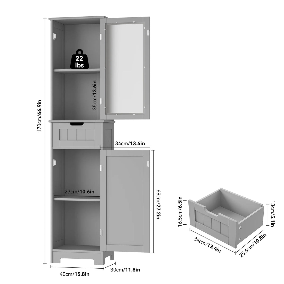 Homfa Tall Narrow Bathroom Storage Cabinet With Door And Drawer, 15.7in L x 11.8in W x 67in H, White