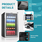 EUHOMY Beverage Refrigerator, 126 Can, 3.2 Cu.Ft, Glass Door - BR-110