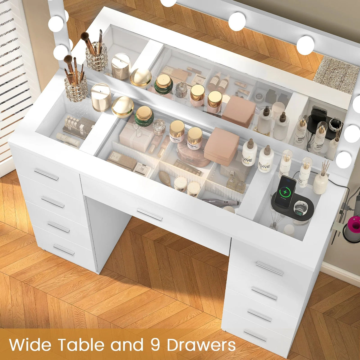 TEENFON Vanity Desk With Large Lighted Mirror, 46 in, 9 Drawers, Glass Desktop, White