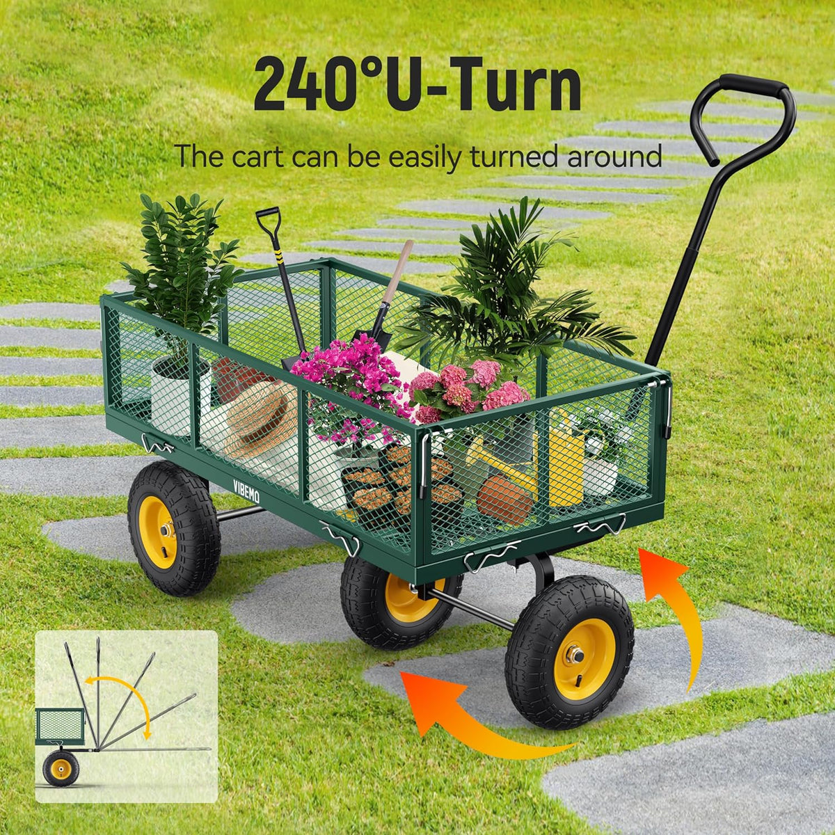 Vibemo Steel Garden Cart 2-in-1, 1400 lbs, 13 in Pneumatic Tires, Black - VB-GC02