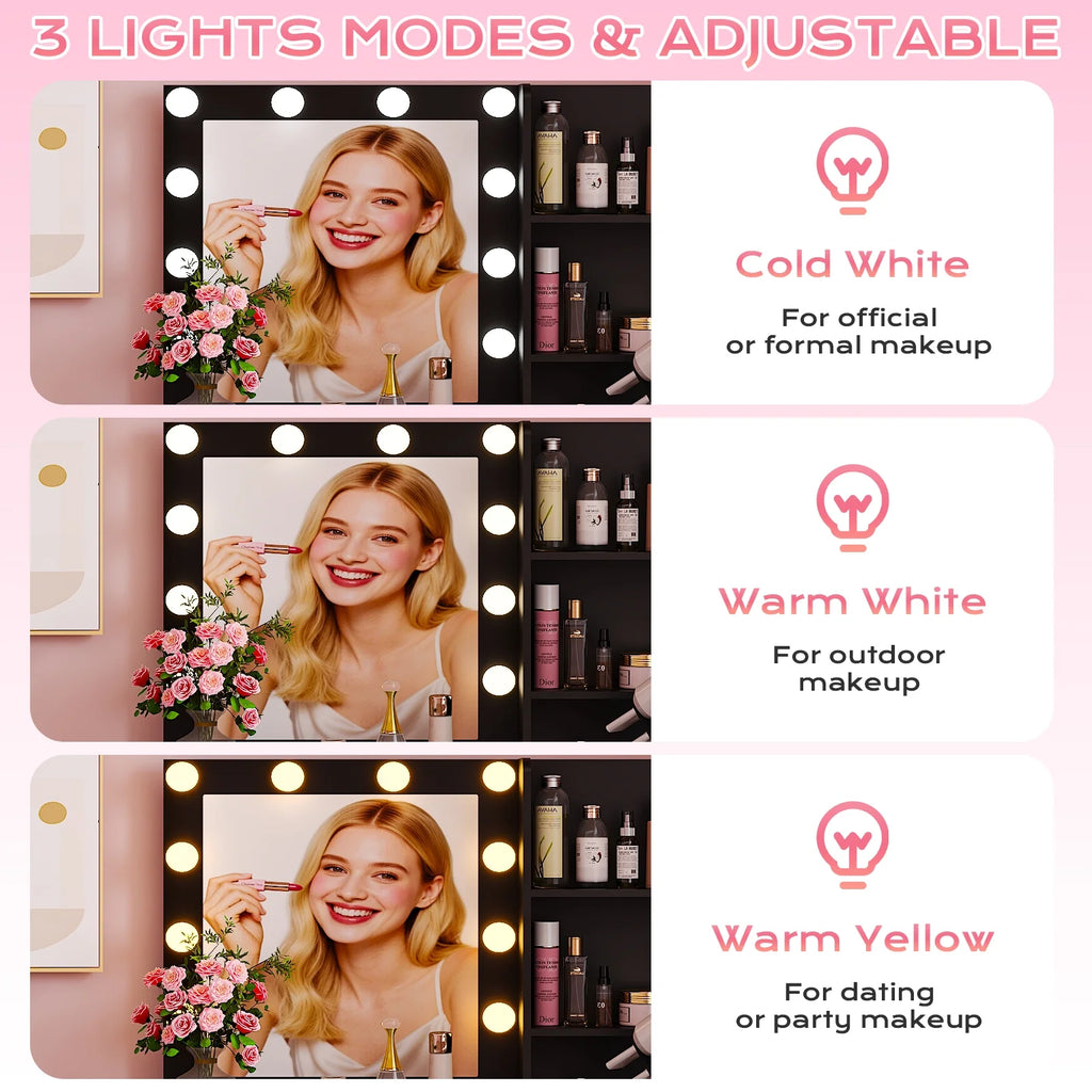 Ktaxon Vanity Makeup Table With Stool, 3-Color Lighted Mirror, 3 Shelves, Drawers, White - 35.43 x 15.55 x 29.53-53.27 in