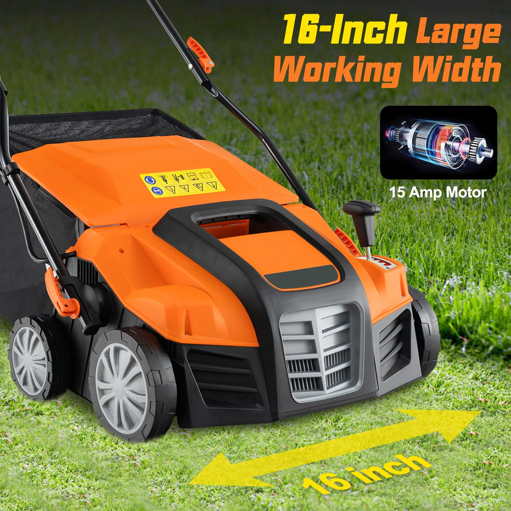 2-In-1 16-Inch 15A Corded Electric Scarifier And Lawn Dethatcher