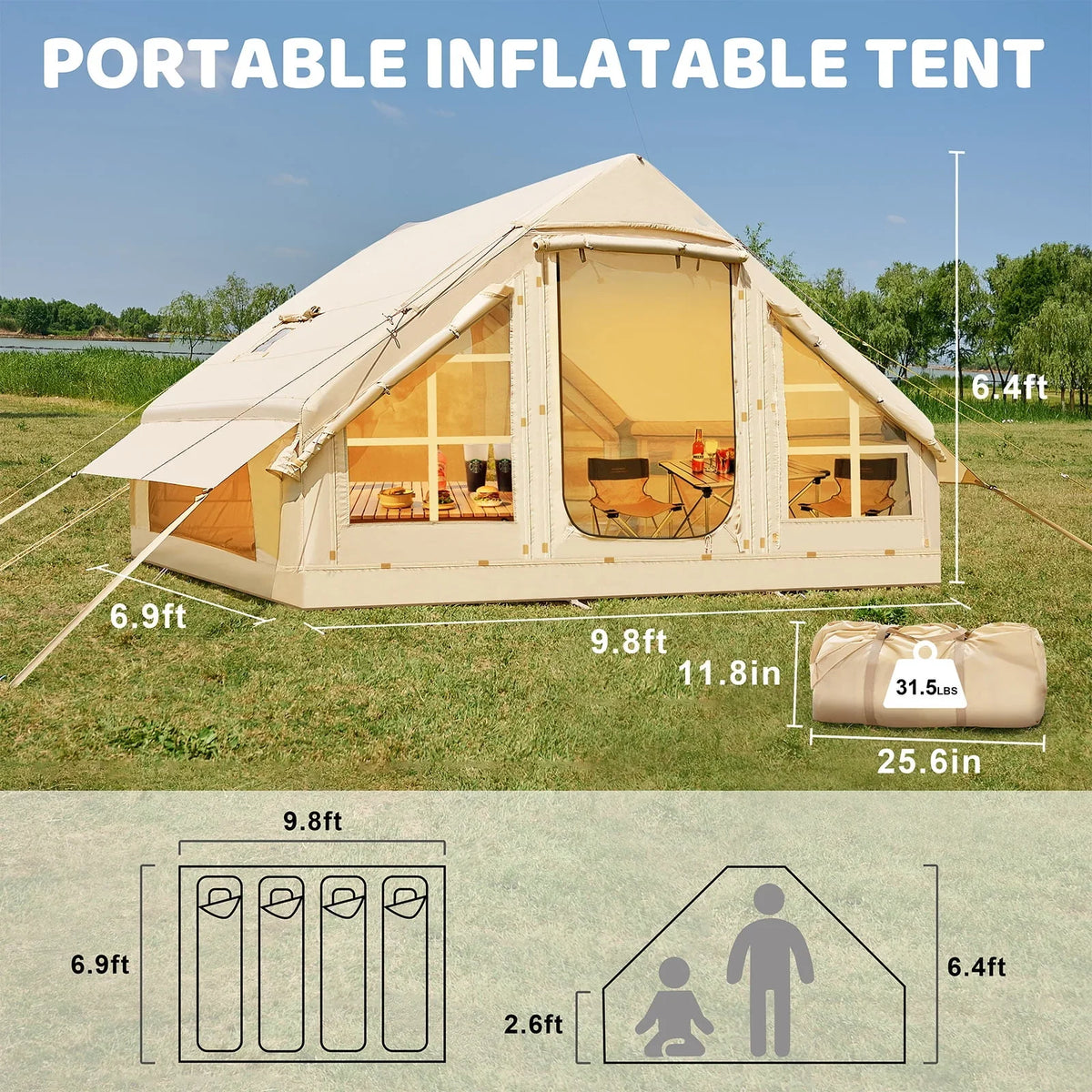 ABORON 6 Person Inflatable Camping Tent With Pump, 10ft x 7ft, Oxford - 2025
