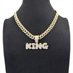 Full Diamond King Football Pendant Necklace With 20in Cuban Link Chain, 13mm Width