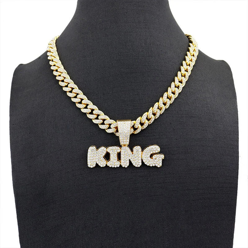 Full Diamond King Football Pendant Necklace With 20in Cuban Link Chain, 13mm Width