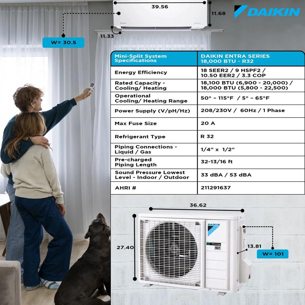 Daikin Ductless Mini-Split Air Conditioner 18000 BTU 18 SEER2 R32 - FTXC18AXVJU/RXC18AXVJU