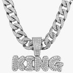 Full Diamond King Football Pendant Necklace With 20in Cuban Link Chain, 13mm Width