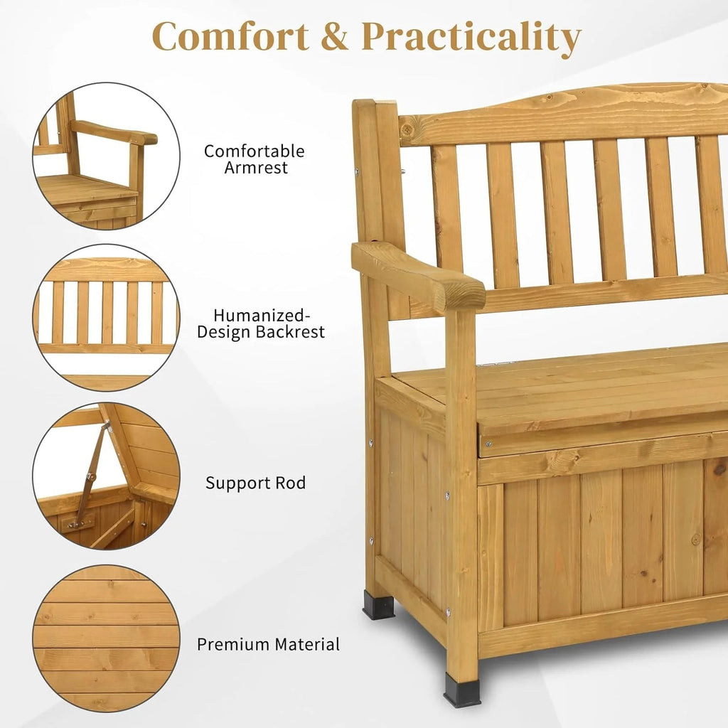 Outvita Outdoor Wood Storage Bench Loveseat With Armrests - 2 Person