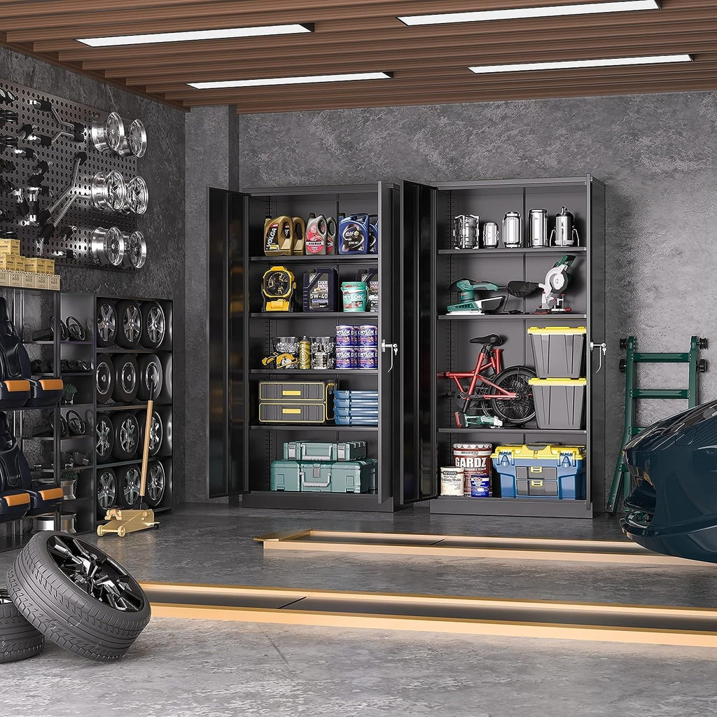 Metal Storage Garage Cabinet With Locking Doors, Adjustable Shelves, 72 Inch Tall - Black