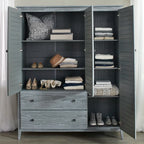 Solid Pine Wood Armoire, 3 Doors, 2 Drawers, 5 Shelves, 73.75 in H x 59.5 in W x 21.5 in D