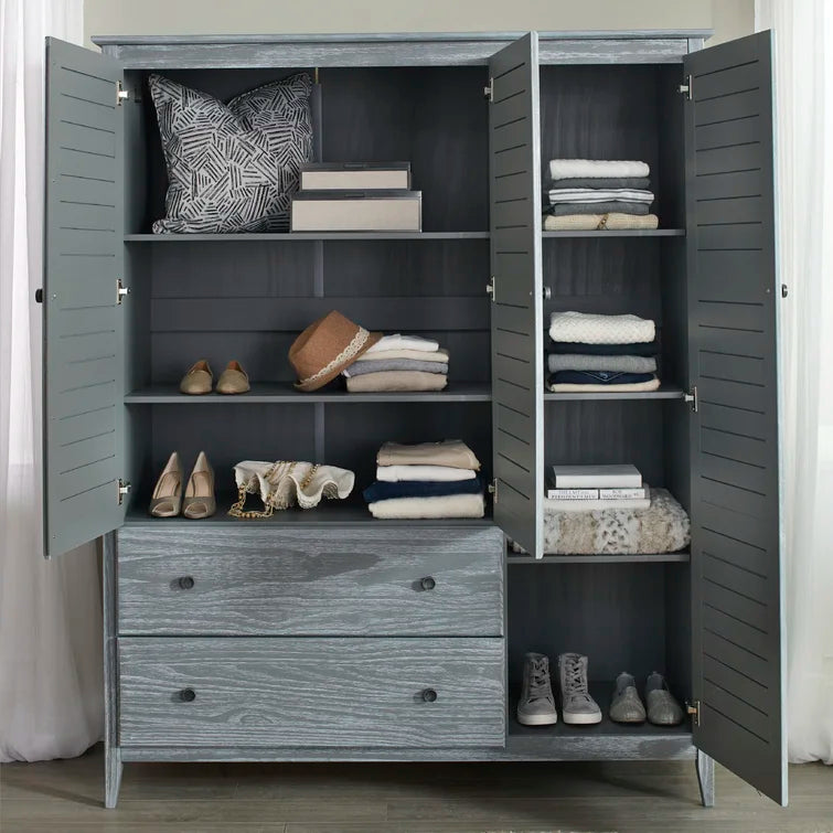 Solid Pine Wood Armoire, 3 Doors, 2 Drawers, 5 Shelves, 73.75 in H x 59.5 in W x 21.5 in D