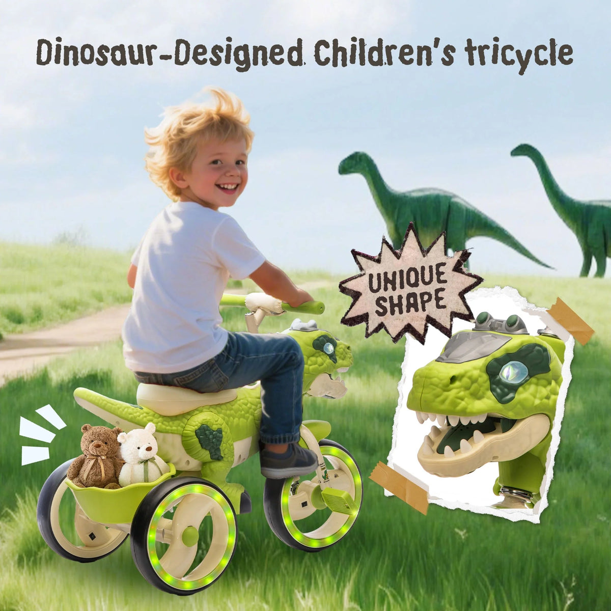 Xuanlur Kids' Dinosaur Tricycle With Flash Wheels, Music And LED Lights - Green