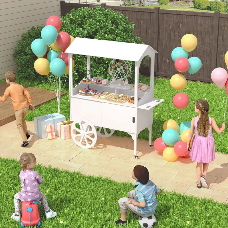 Wooden Candy Cart With Wheels, Pine Wood And MDF, Sliding-Door Cabinet