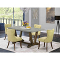 HomeStock 5-Piece Dinette Set, Cement Table, Limelight Linen Chairs, Distressed Jacobean Legs - Baroque Bonanza