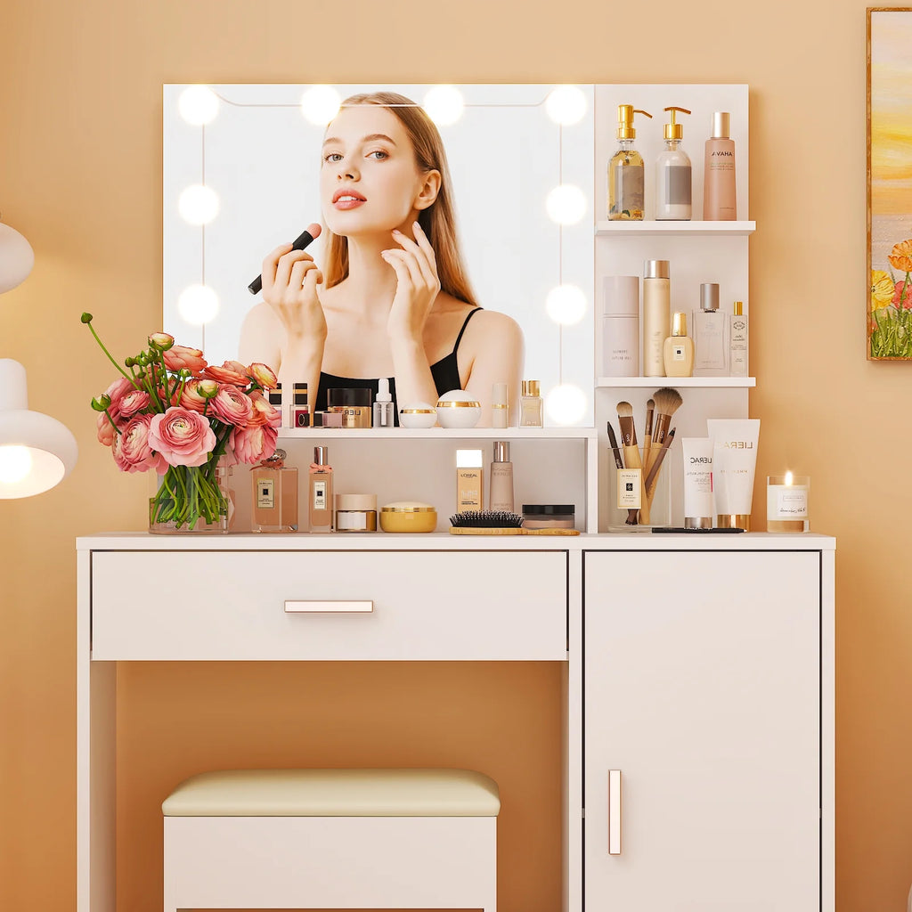 Ktaxon Vanity Makeup Table With Stool, 3-Color Lighted Mirror, 3 Shelves, Drawers, White - 35.43 x 15.55 x 29.53-53.27 in