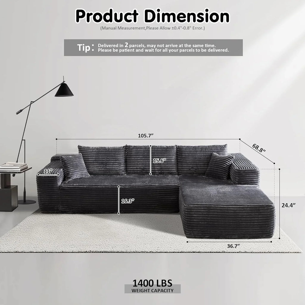 ovios 104in L-Shape Sectional Sofa With Chaise, Grey Plush Corduroy Fabric