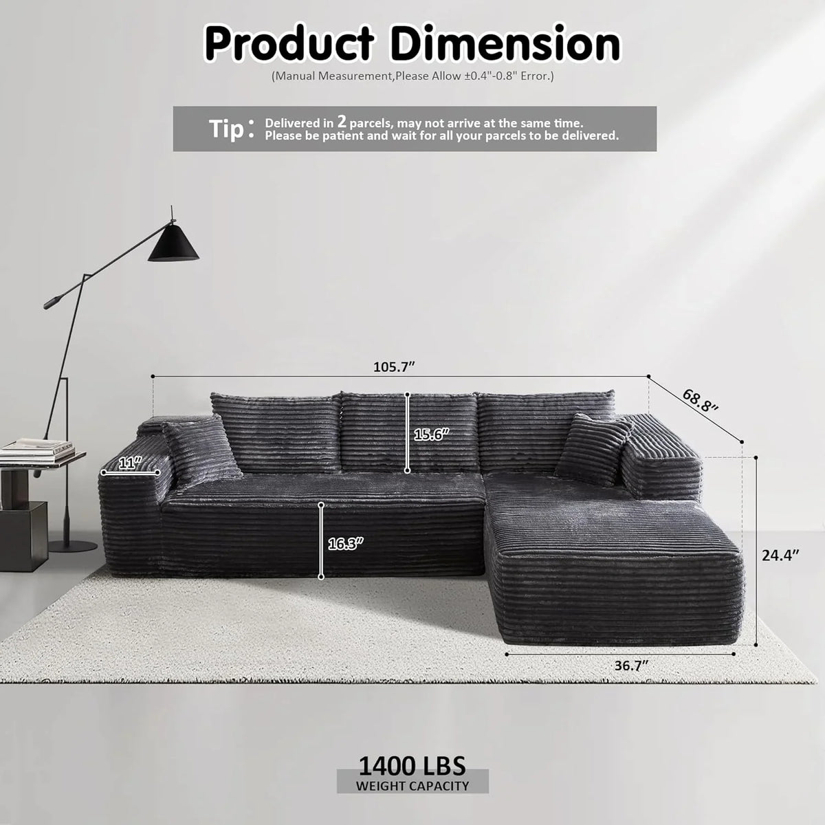 ovios 104in L-Shape Sectional Sofa With Chaise, Grey Plush Corduroy Fabric