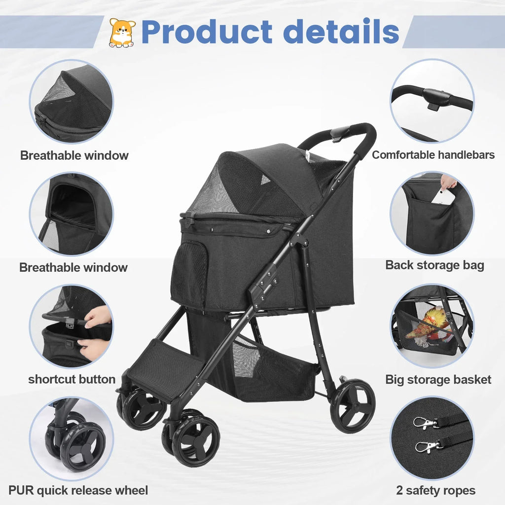 Wedyvko 4 Wheel Foldable Pet Stroller With Storage Basket For Small Medium Dogs & Cats - Black
