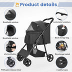 Wedyvko 4 Wheel Foldable Pet Stroller With Storage Basket For Small Medium Dogs & Cats - Black